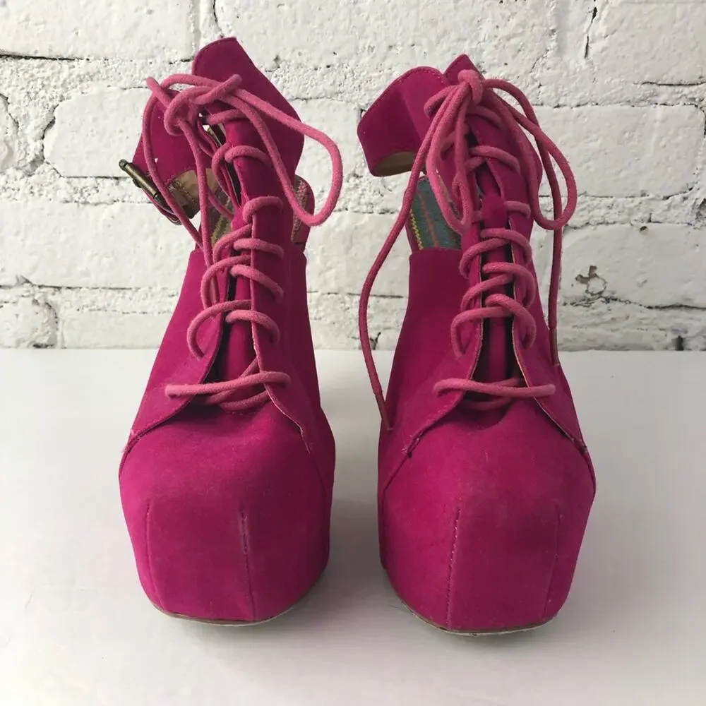 Vintage Shoe Republic LA Y2K Magenta Pink Velvety Platform Wooden Heels